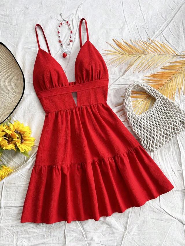 soleia vacation loose v-neck backless red slip dress
