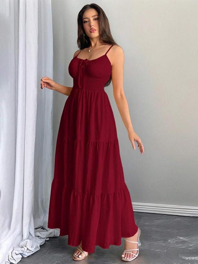 red drawstring ruched waist a-line maxi dress
