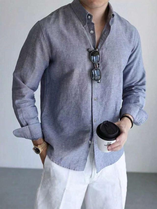 men's casual blue bamboo fiber button-up shirt