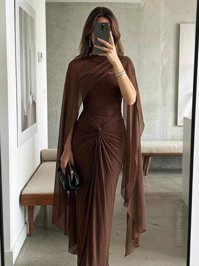 brown twist design strapless elegant dress with shawl
