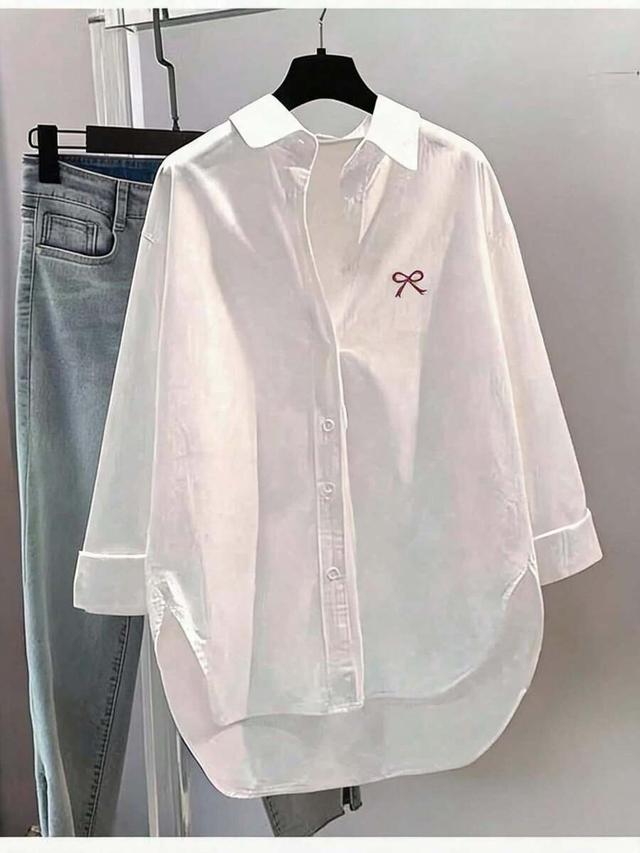 white casual drop shoulder blouse with bow embroidery