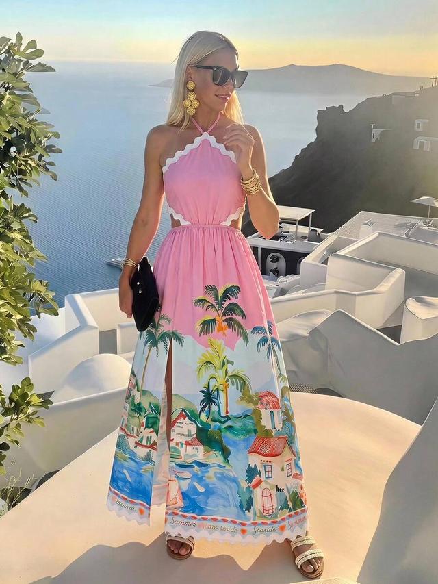 vivid eden tropical print backless halter dress