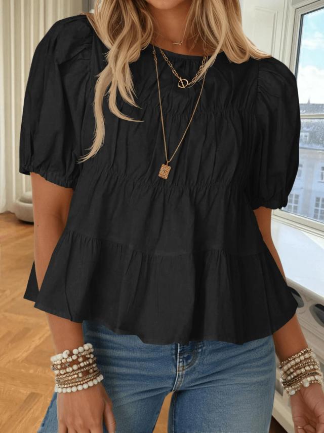 womens black puff sleeve peplum babydoll cotton blouse