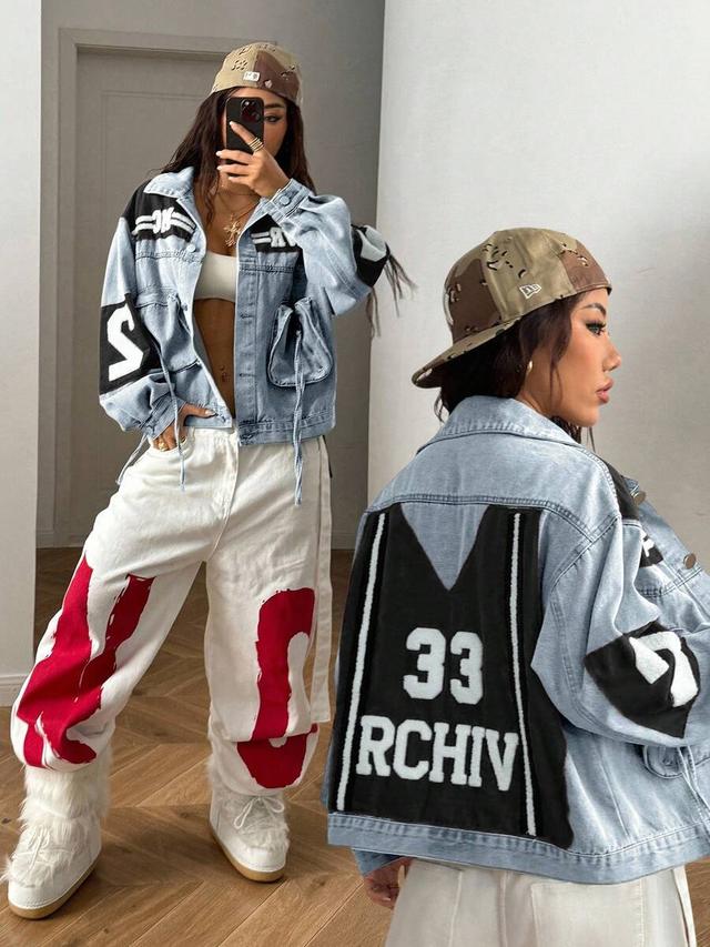 street hx color block letter embroidery denim jacket