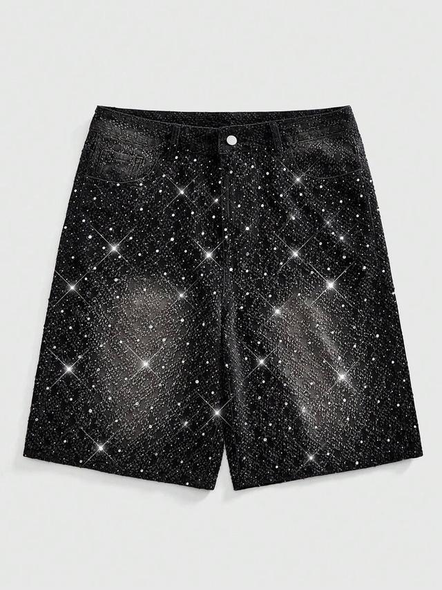 black sparkling diamond embellished loose denim shorts