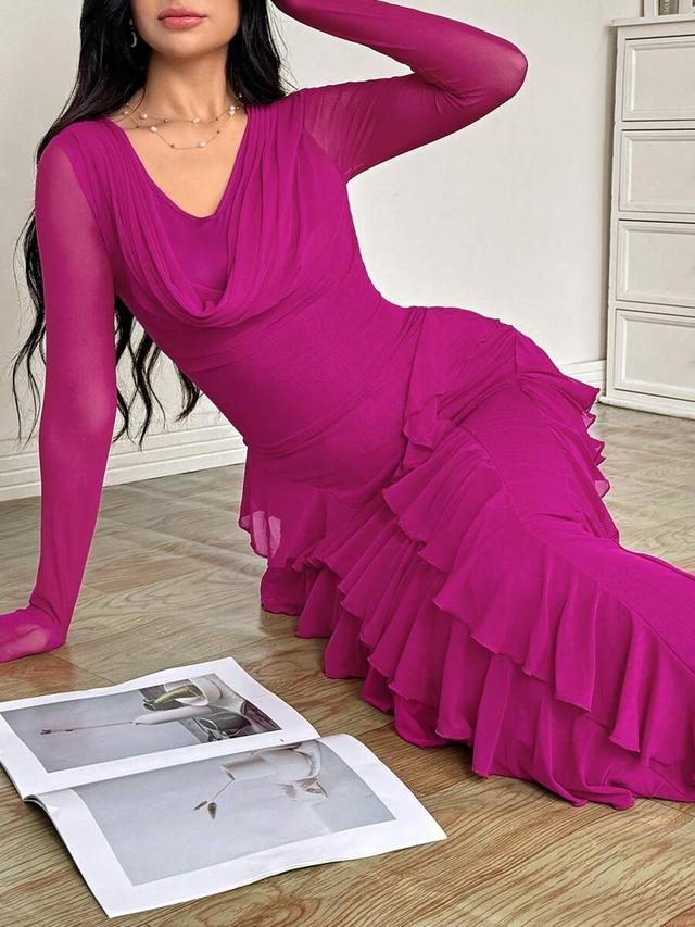 pink mesh long sleeve ruffled bodycon dress