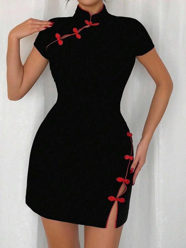 rafferiza women retro solid color stand collar patchwork dress