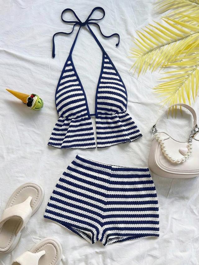 striped ruffle hem halter neck tank and shorts set