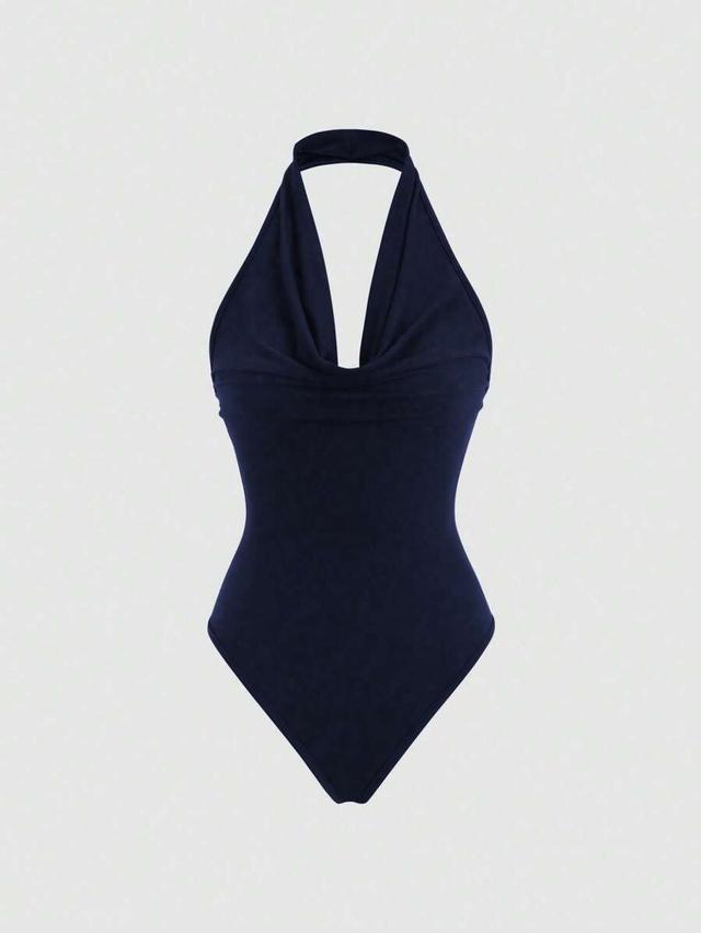 navy blue casual draped neck bodysuit
