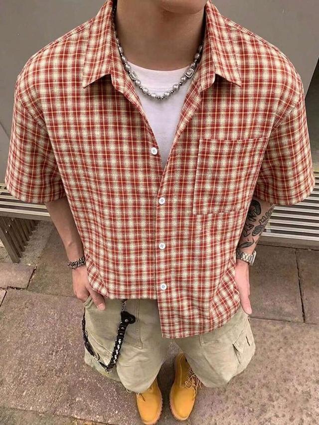 men's brown plaid short sleeve casual shirt