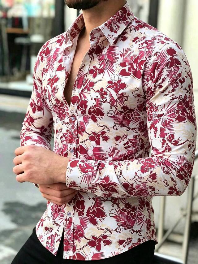 men's casual floral print long sleeve shirt