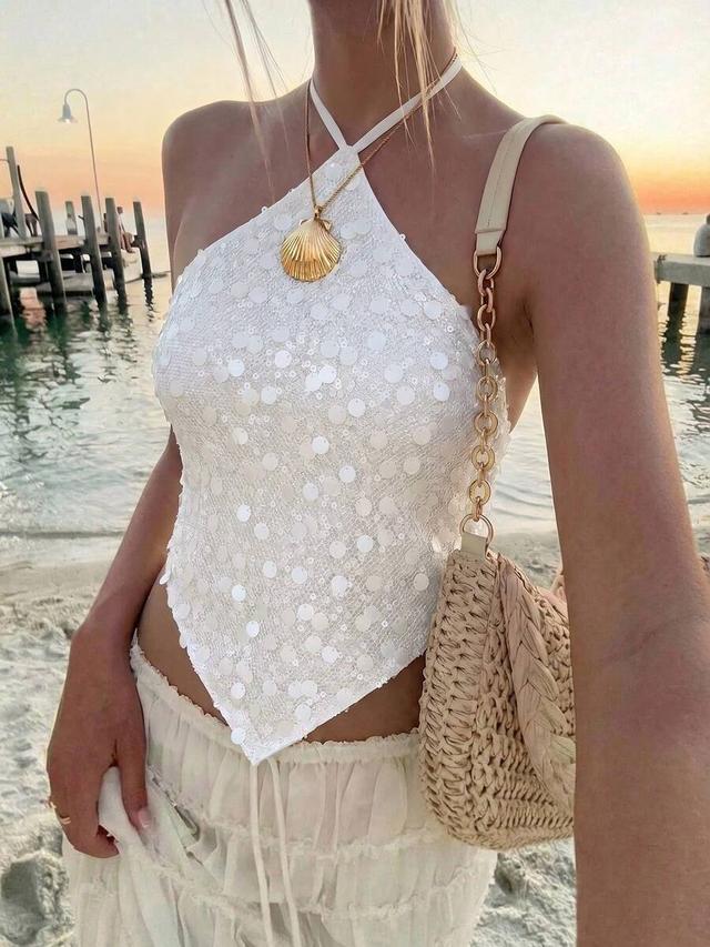 white sequin backless halter top