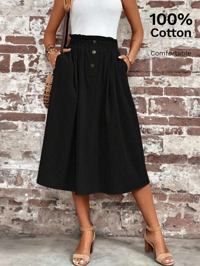 black paperbag waist solid casual midi skirt