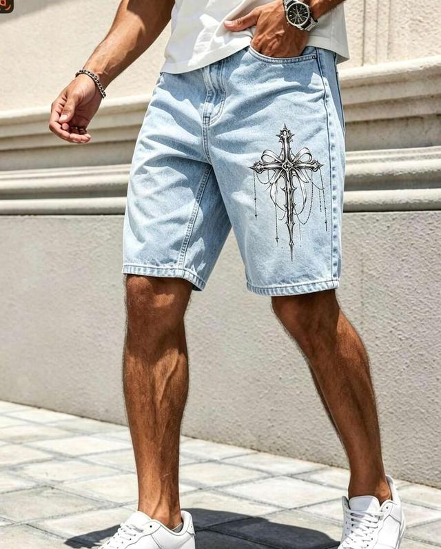 light wash denim shorts with cross print