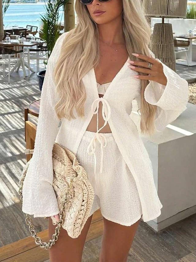 textured white bell sleeve tie front top and shorts