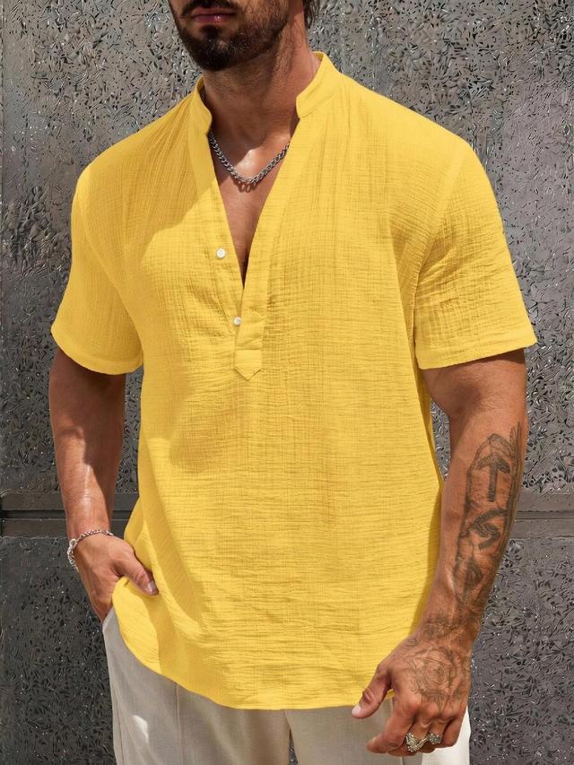 yellow linen look short sleeve henley shirt