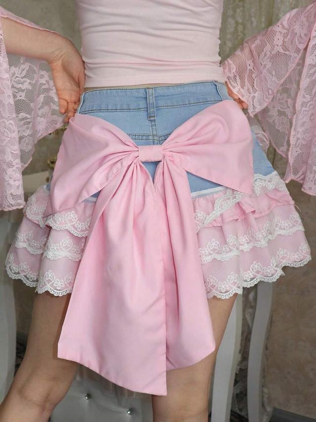 kawaii denim mini skirt with lace ruffles and bows