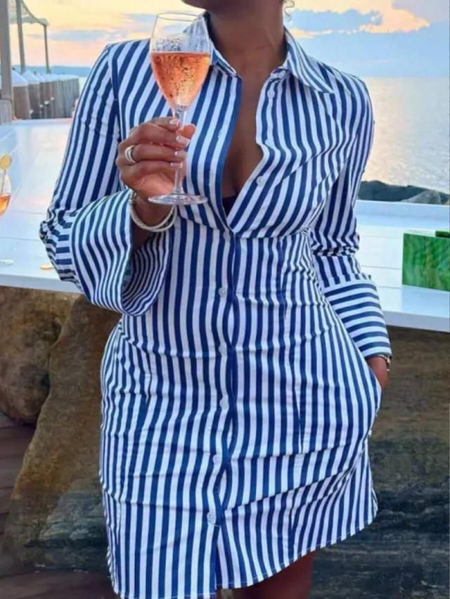 blue and white striped button-down shirt dress