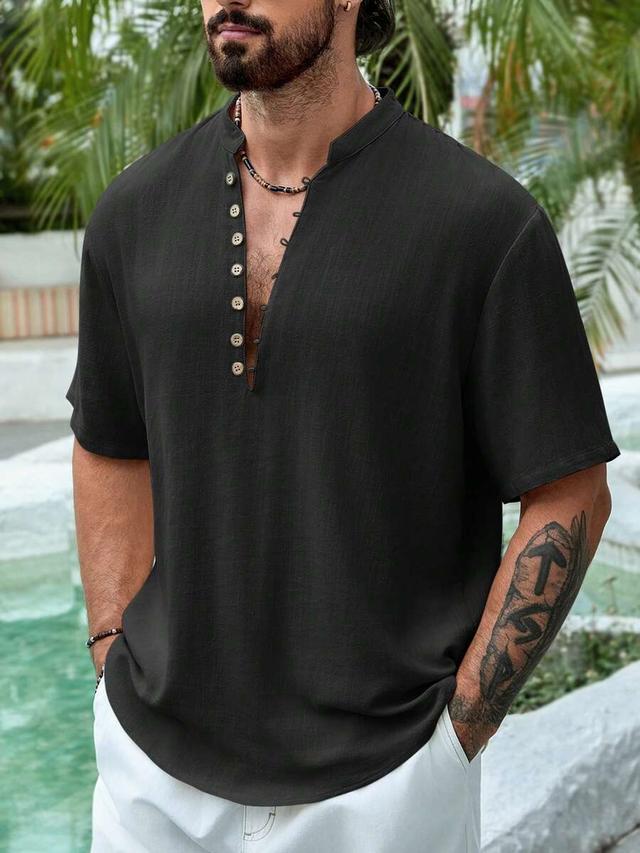 men's short sleeve black linen henley shirt