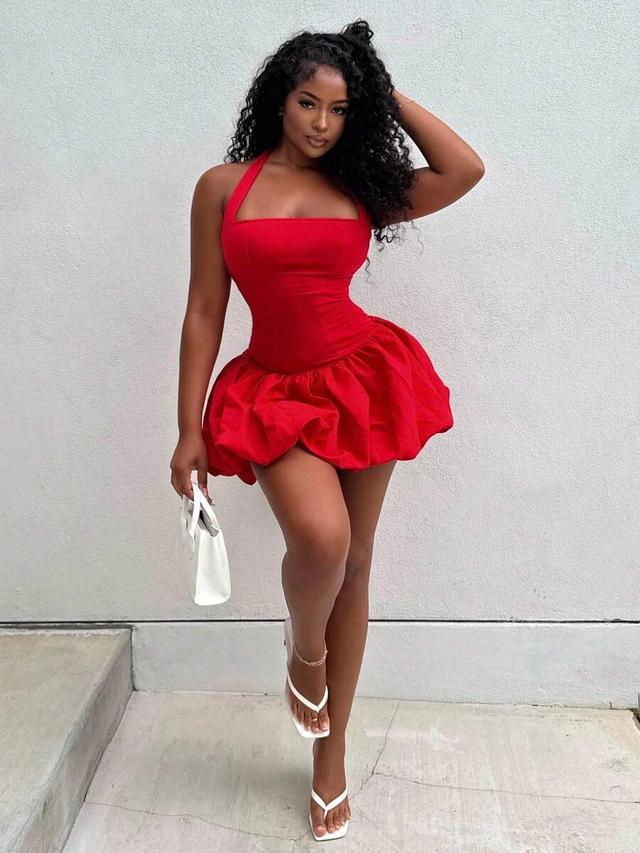 red backless halter bubble hem mini dress