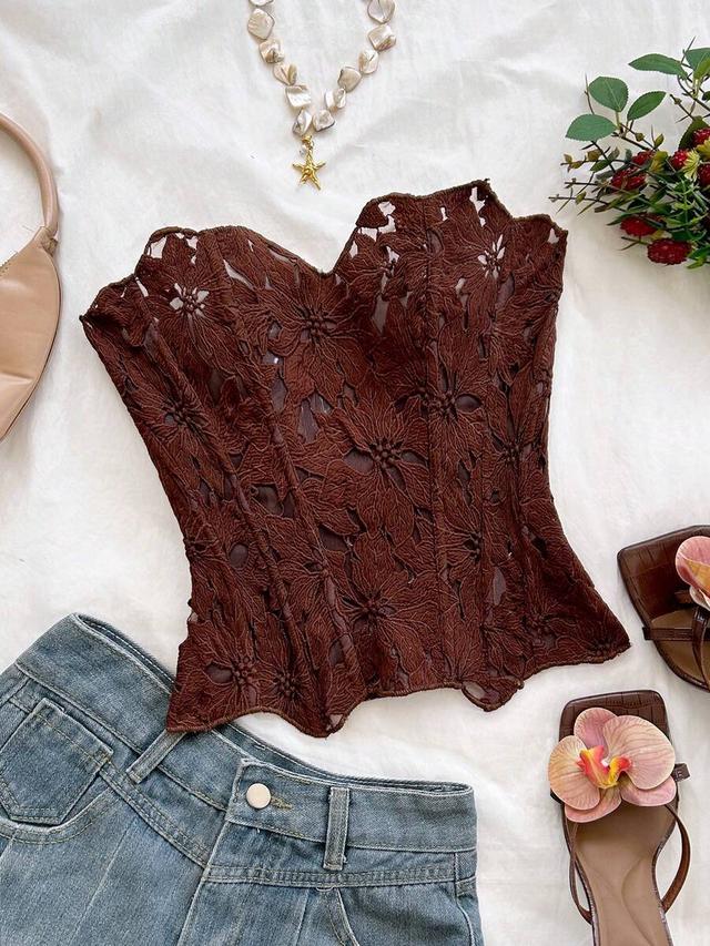coffee brown floral embroidered lace corset bustier top