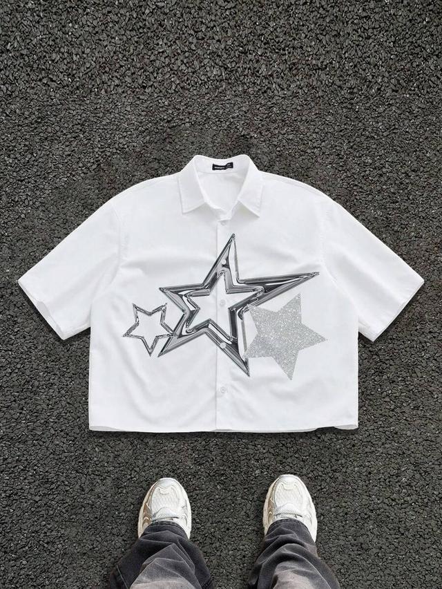 white short-sleeved shirt with metallic star graphic