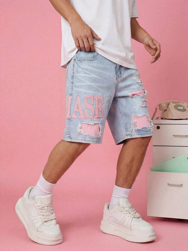 light wash denim shorts with pink letter embroidery
