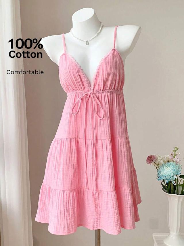 pink cotton gauze tiered spaghetti strap short dress