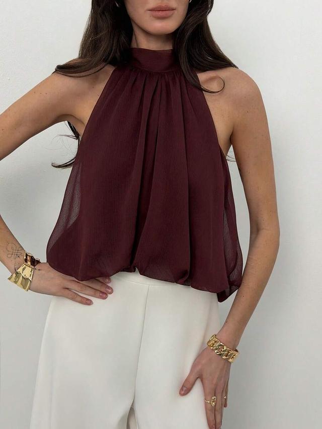 burgundy stand collar sleeveless chiffon cropped top