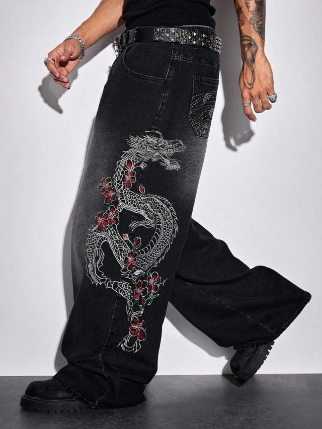 washed black wide-leg jeans with dragon embroidery
