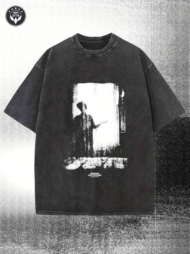 washed black graphic print distressed cotton t-shirt