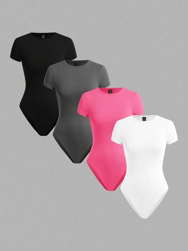 pink knit short sleeve slim fit bodysuit