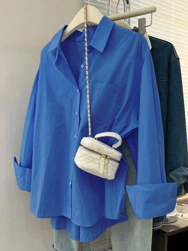 bright blue casual cotton button-down blouse