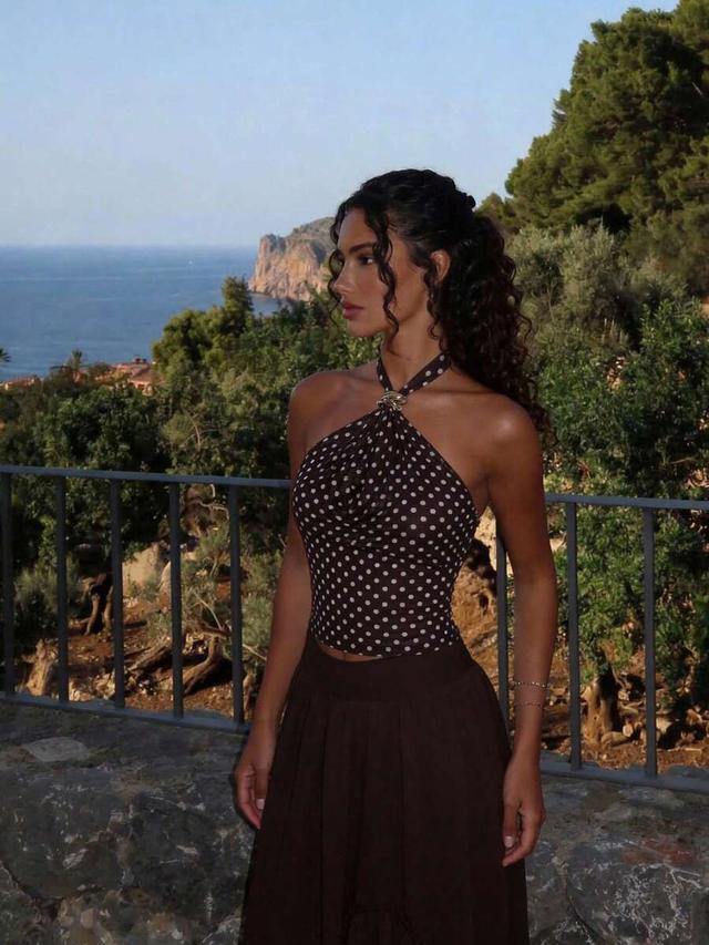 brown and white polka dot halter neck top