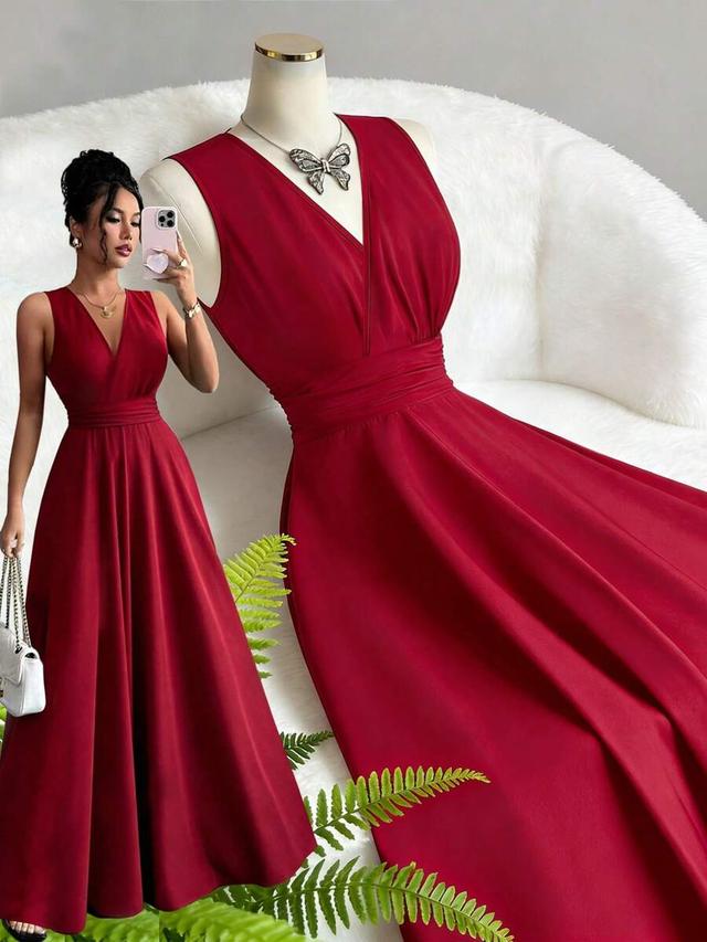 burgundy red sleeveless v-neck a-line long dress