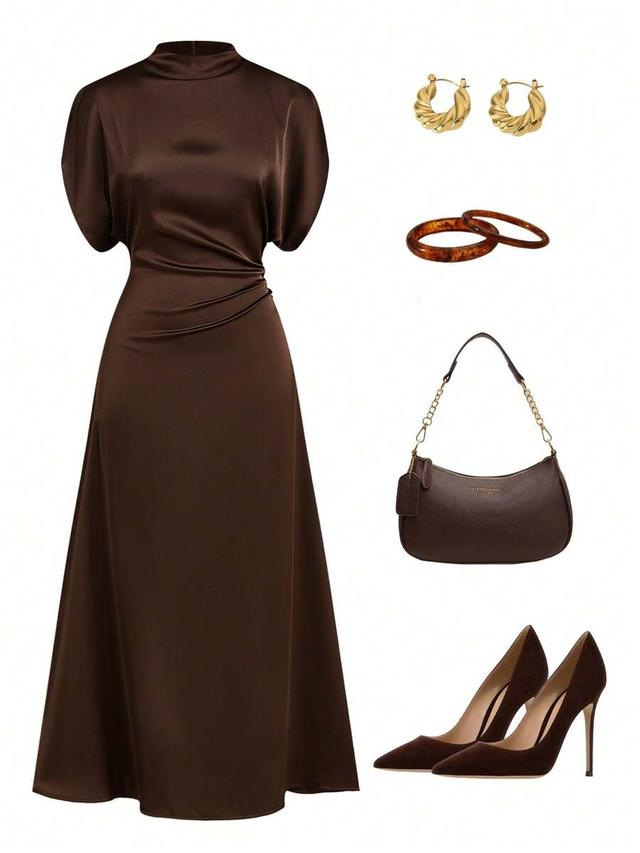 chocolate brown satin midi dress with waist cinching