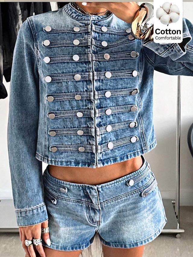 cropped denim military jacket with silver button detailing