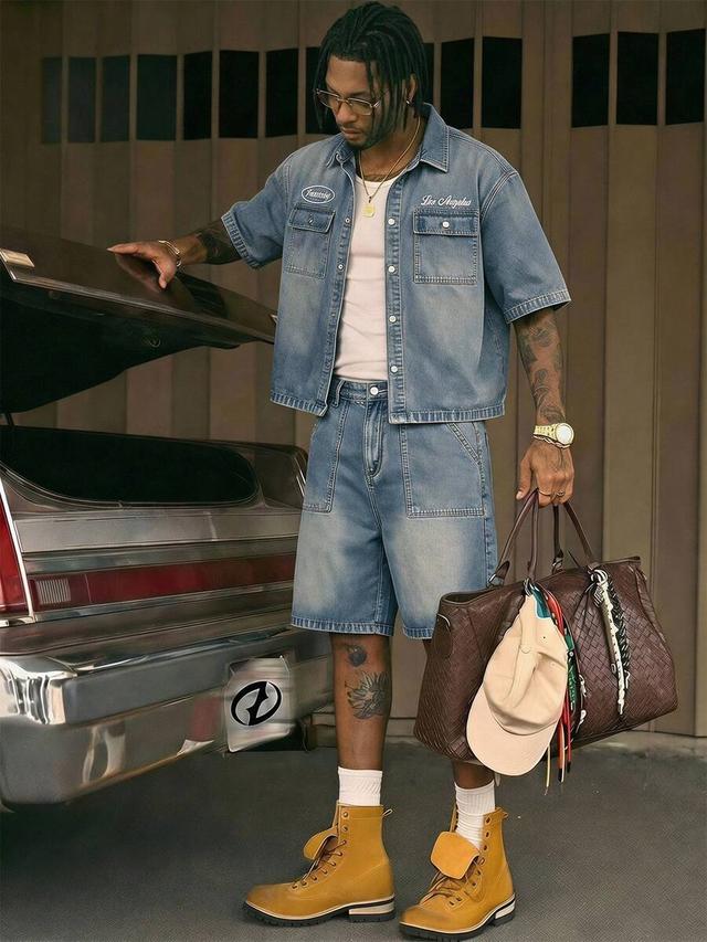 men's denim short sleeve shirt and shorts set