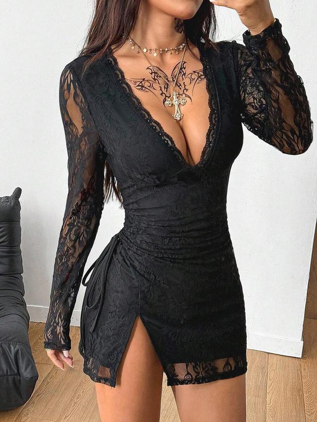 black lace v-neck long sleeve mini dress