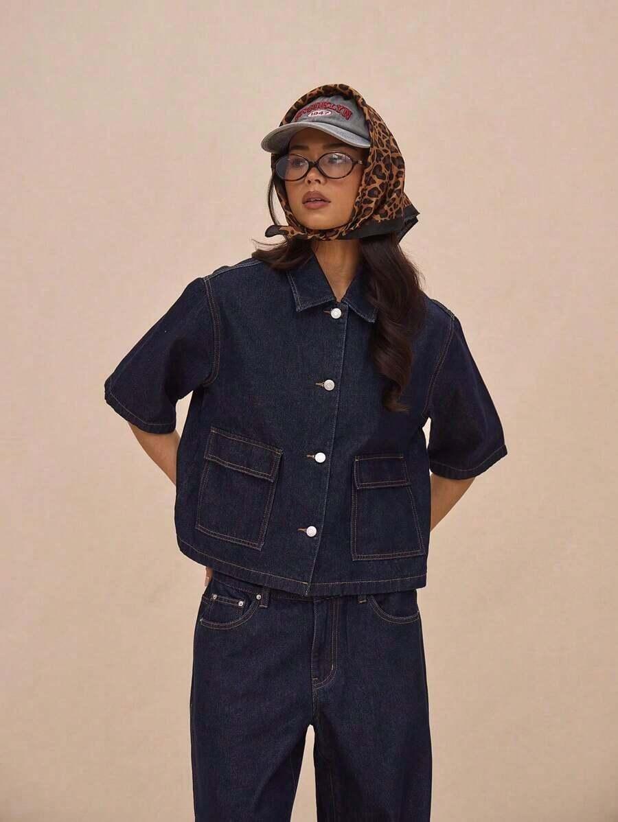 boxy fit collared button through mid sleeve denim top