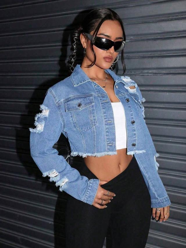ripped washed denim cropped jacket for summer