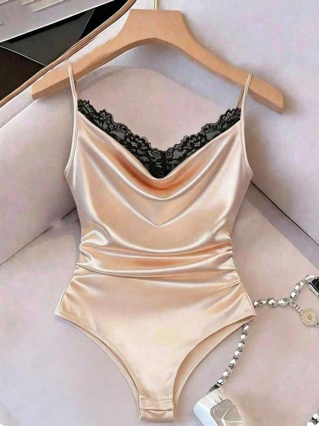 elegant satin bodysuit with contrast black lace trim