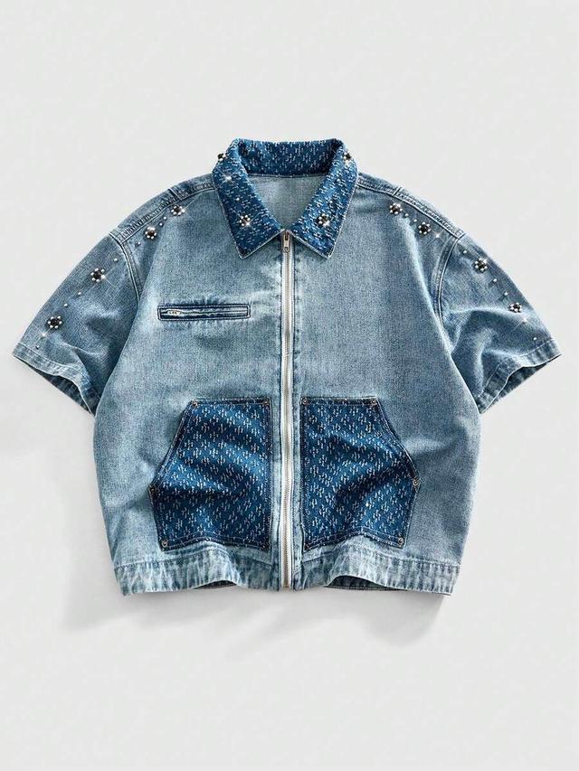 loose fit denim jacket with pearl and stud decor