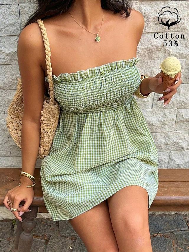 green plaid bandeau a-line summer beach dress