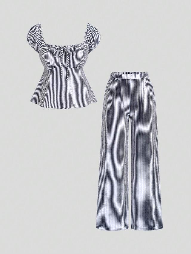 french sweet puff sleeve striped blouse