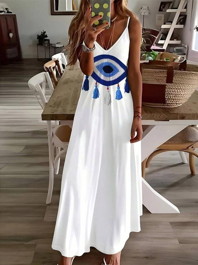 casual style blue tassel pattern print v-neck sleeveless dress