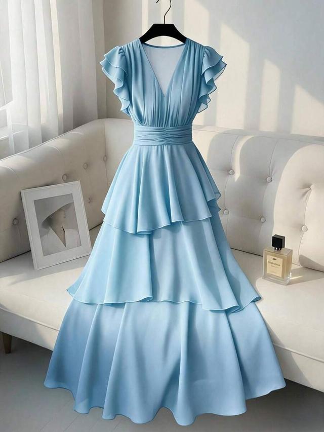solid color chiffon v-neck pleated layered maxi dress