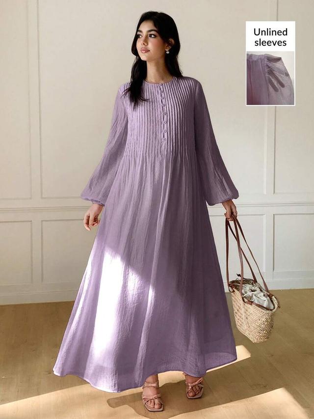 mauve purple textured loose lantern sleeve midi dress