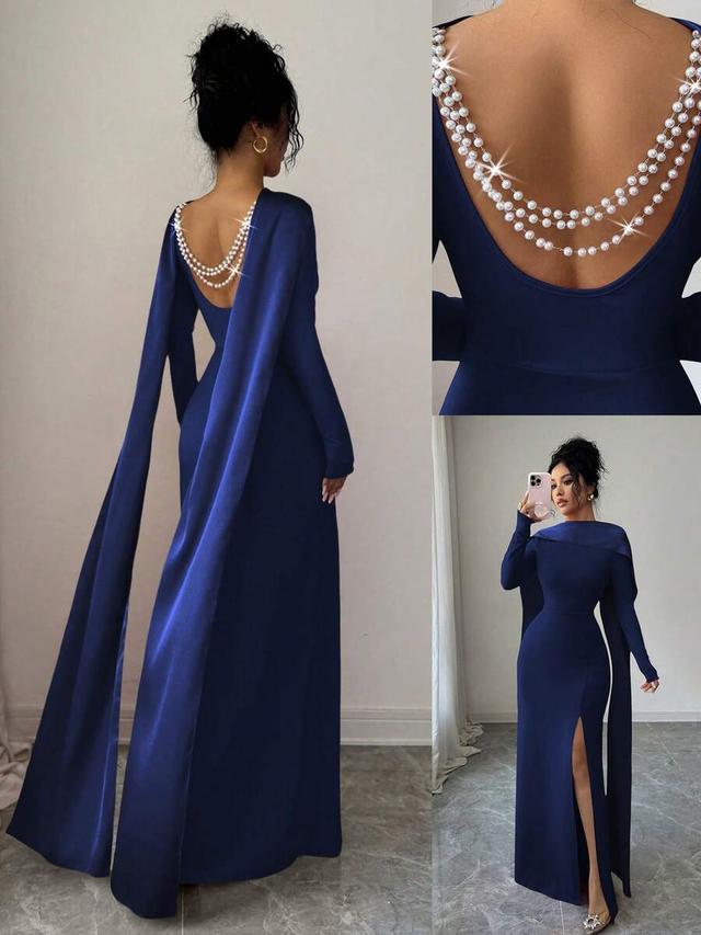 navy blue satin backless pearl chain mermaid gown