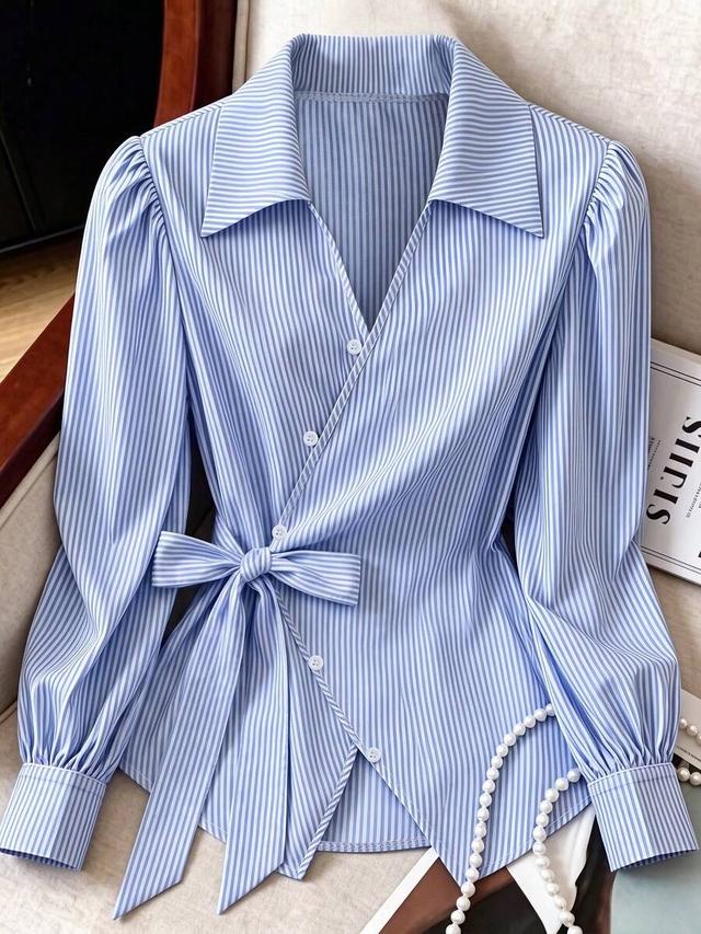 blue and white striped collared wrap shirt